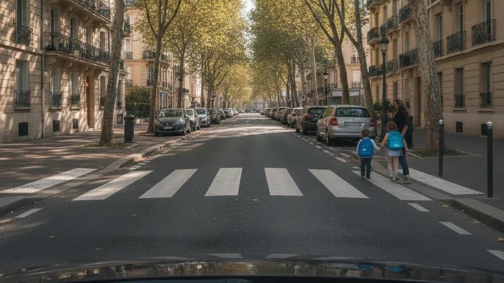 Rue en ville : deux enfants avec un adulte, au bord du passage piéton, sur le point de traverser.
